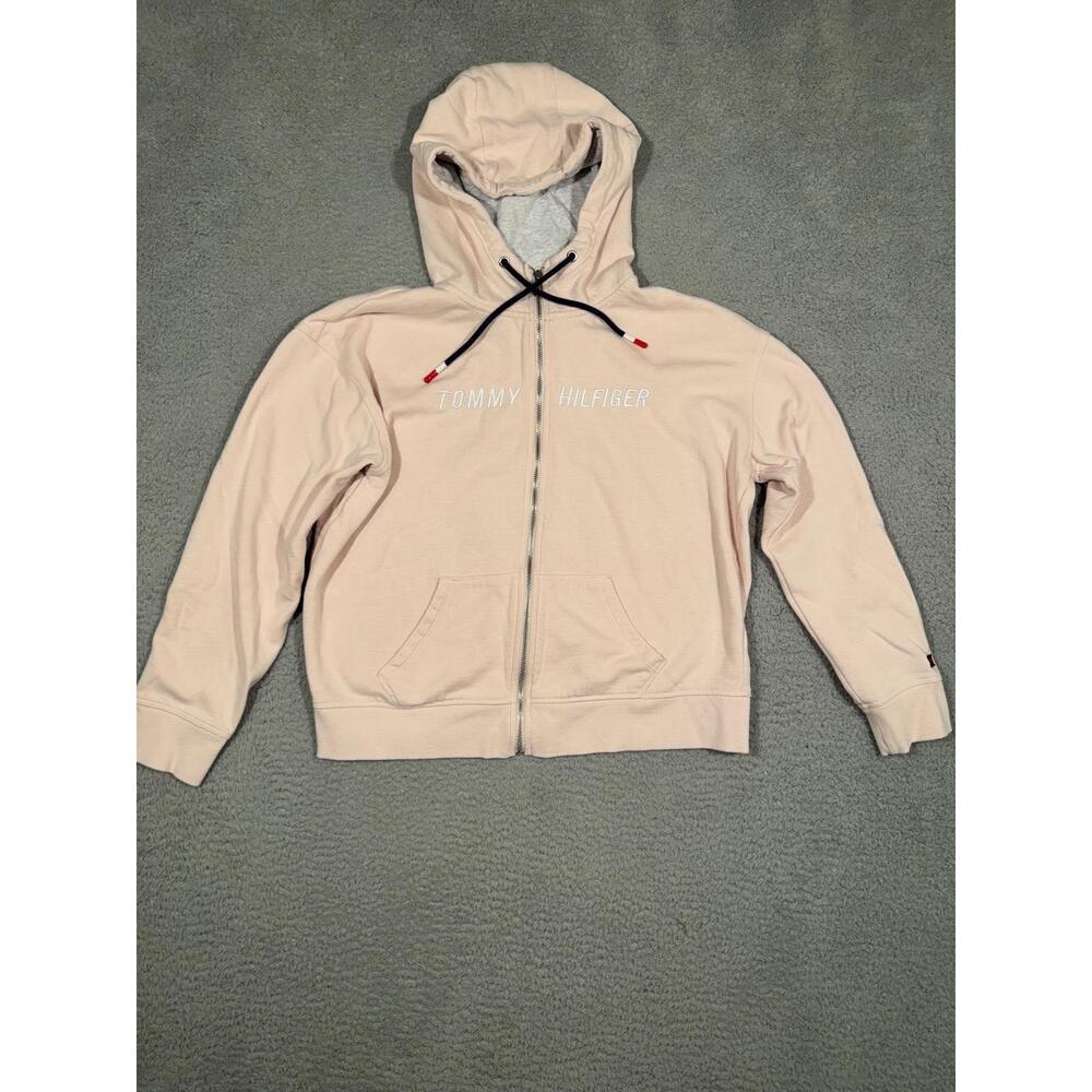 Tommy Hilfiger Hoodie Womens Size L Light Pink‎ Full Zip Drawstring Sporty Chic
